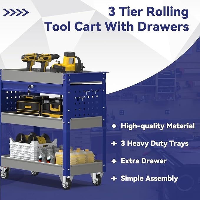 3 Tier Rolling Tool Cart with Drawer, 450 LBS Heavy Duty Utility Cart on Wheels, Service Cart for Garage, Workshop and Warehouse (Gray&Blue)
