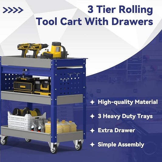 3 Tier Rolling Tool Cart with Drawer, 450 LBS Heavy Duty Utility Cart on Wheels, Service Cart for Garage, Workshop and Warehouse (Gray&Blue)