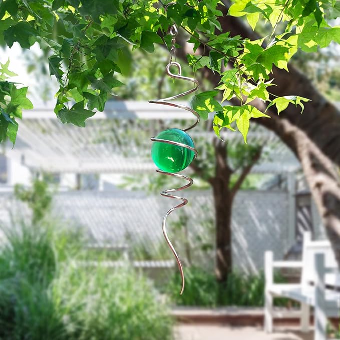 Aoedelyart Wind Spinner Tail Gazing Ball Spiral Decorative Wind Spinner Sun Catcher 11inch Tail and 2 inch Glass Orb. Indoor Outdoor Garden Decoration Wind Sculptures-13 inch Height (Green)