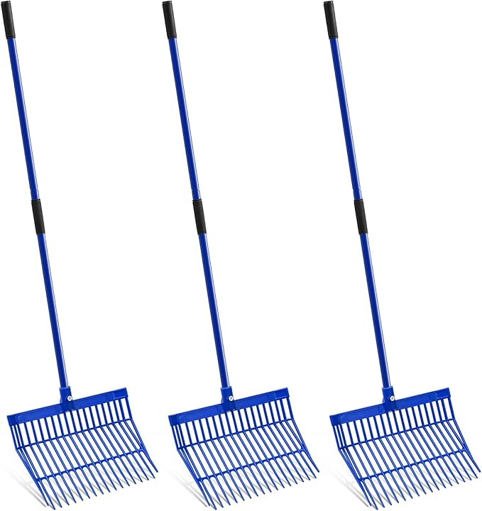Lasnten 3 Sets Manure Fork with Long Metal Handle Pitch Fork Manure Rake Heavy Duty Muck Rake for Gardening Horse Stall Stable Grass Hay Cleaning Farm Work (Blue)
