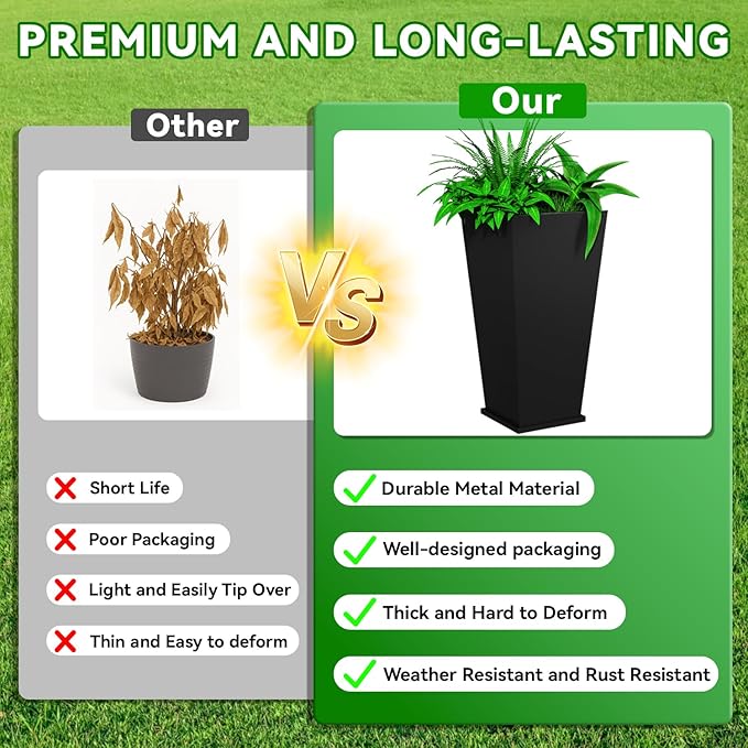 Tall Metal Planter Box, 15" L x 15" W x 30" H 2-Pack Outdoor Planters with Removable Tray, Heavy Duty Steel Front Porch Planters for Patio, Balcony, Indoor(Black)