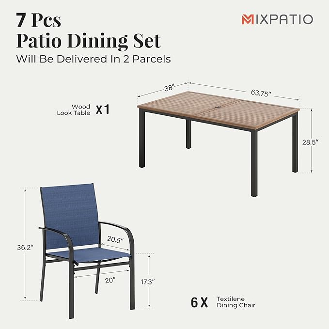 7 Pieces Patio Table and Chairs Set, Patio Dining Set for 6, 6 Textilene Chairs and 1 Wood-Like Rectangle Steel Table with Umbrella Hole, for Deck Backyard Lawn Poolside, Blue