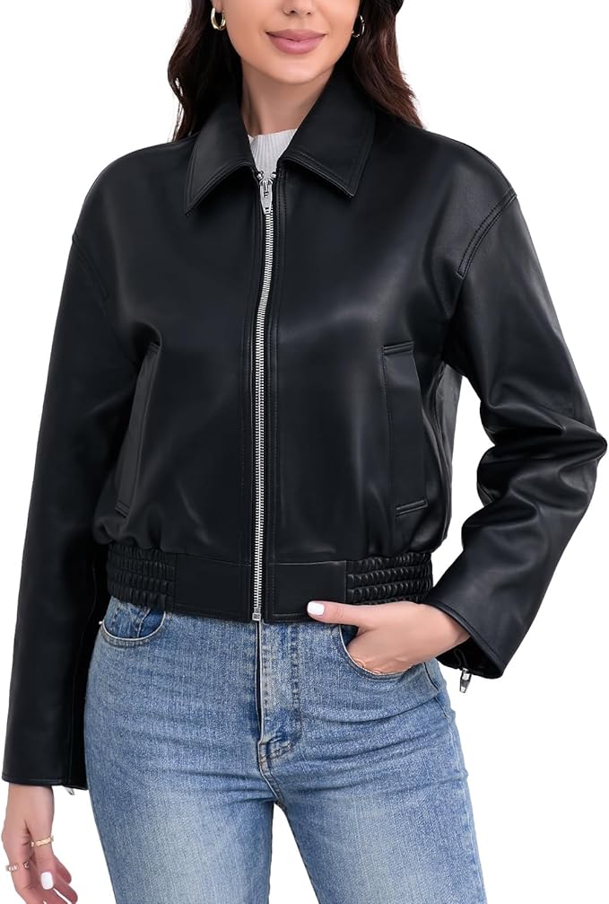Leather Jacket Women,Cropped Lambskin Bomber Jacket,Removable Sherpa Collar, Zip Front, Elasticized Hem