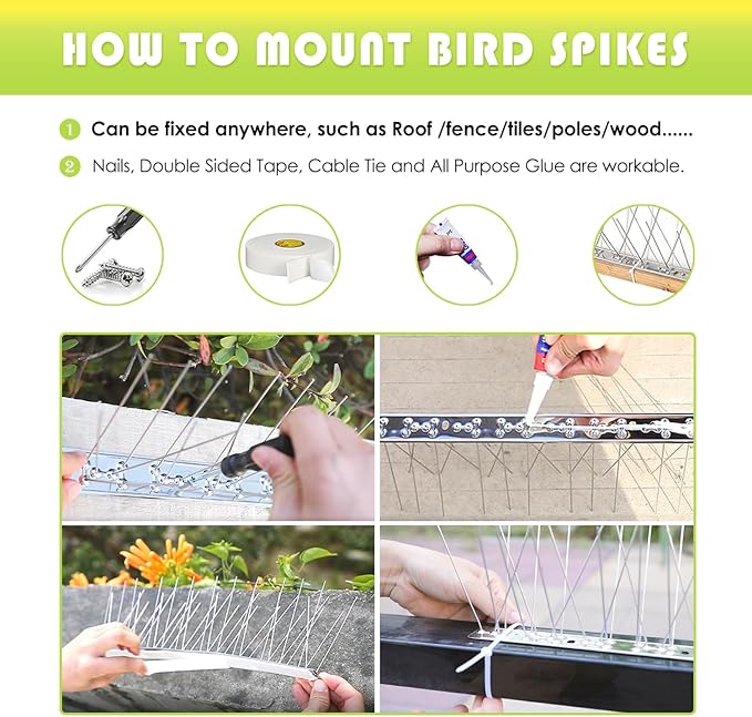 Pigeon Spikes Stainless Steel Bird Spikes for Outside to Keep Birds Away 12 Pack 10ft Coverage Bird Spikes Wire Prevention Spikes for Small Bird Squirrel for Fence Roof Blacony