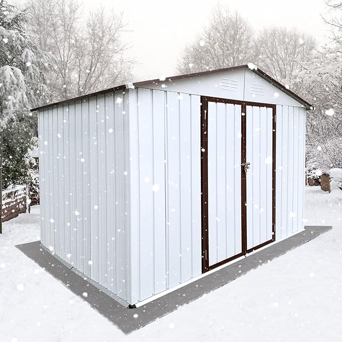 Favfurish 10x8 FT Metal Garden Sheds with Hinged Door and Padlock & Punched Vents,Aluminum Outdoor Storage Shed w/Eco-Friendly Painting,for Bike, Barbeque,Tool,White+Coffee