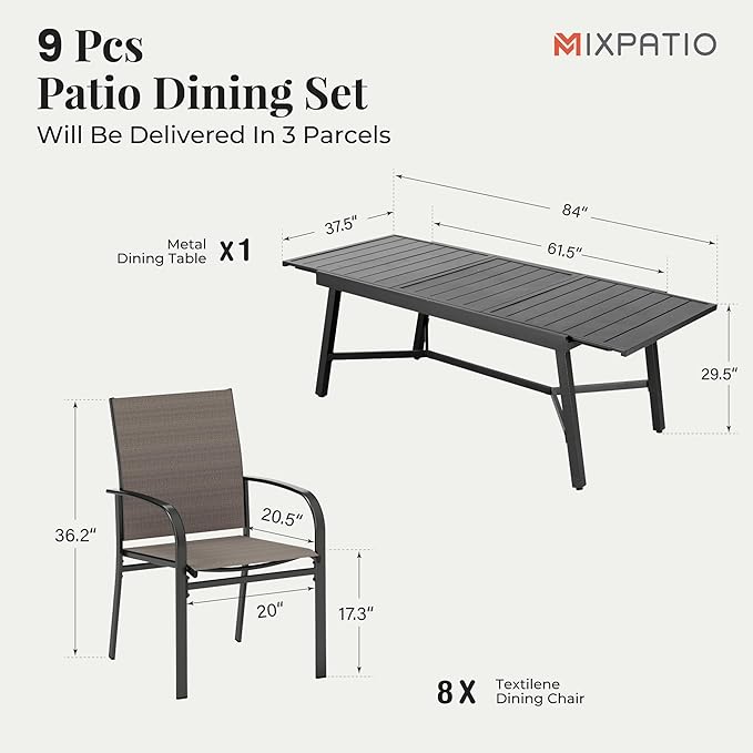 9 Pieces Patio Table and Chairs Set, Patio Dining Set for 8, 8 Brown Textilene Chairs and 1 Expandable Patio Dining Table with Umbrella Hole, for Deck Backyard Lawn Poolside
