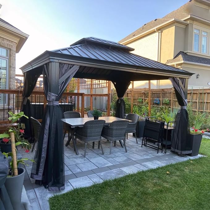 Domi 10'x14' Hardtop Gazebo Canopy,Outdoor Aluminum Gazebo with Galvanized Steel Double Roof,Permanent Gazebos with Drainage System,Curtain and Netting Included,Grey