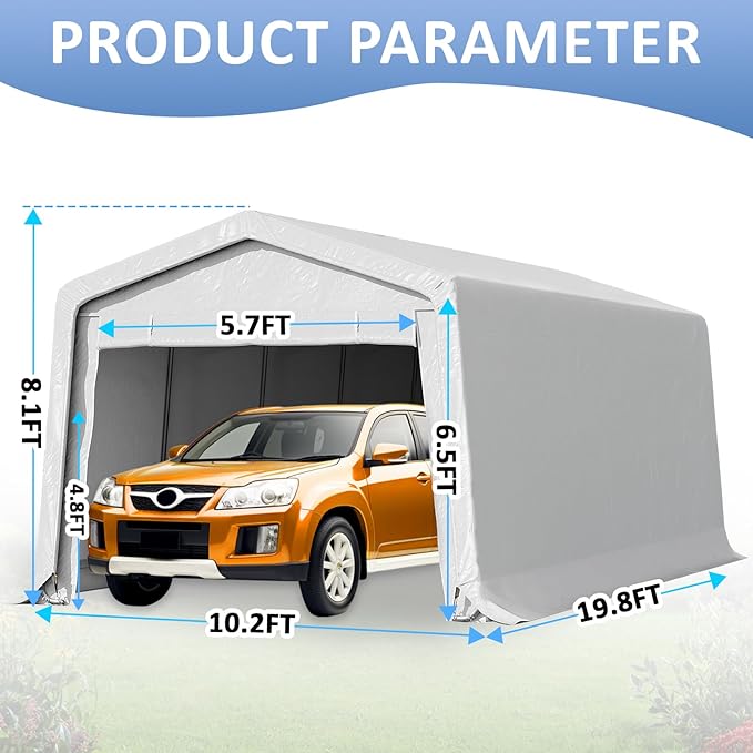 StarEcho 10x20FT Heavy Duty Outdoor Storage Shelter Carport, Portable Garage for Garden Tool, Car, Lawn Mower & Bike, with Galvanized Steel Frame, Dual Doors, Thickened PE Tarp (White)