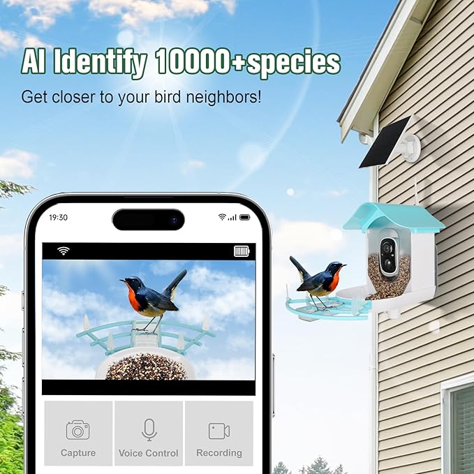 HUEVUE Bird Feeder with Camera, AI Identify Birds Species Solar Powered, Auto Record Videos in Backyard, Instant Notifications, Ideal Gift for Family and Bird Lovers