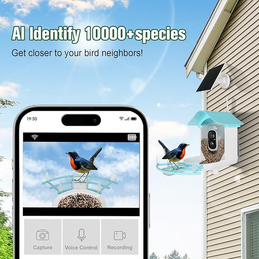 HUEVUE Bird Feeder with Camera, AI Identify Birds Species Solar Powered, Auto Record Videos in Backyard, Instant Notifications, Ideal Gift for Family and Bird Lovers