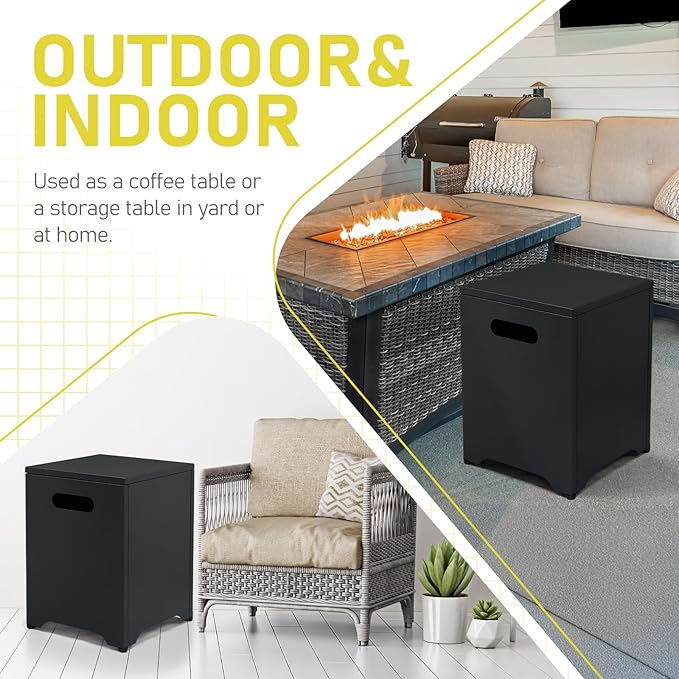 Outvita Outdoor Propane Tank Cover Table, 16in Propane Tank Storage Box with Carry Handle, Powder-Coated Steel, Multi - Use as Side Table for Patio, Garden & Living Room, 16 * 16 * 21inch, Black