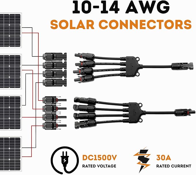 XYRIS Solar Connectors Y Branch Parallel 1 to 4 Adapter Cable Wire Plug Tool Kit for Solar Panel (M/FFFF+F/MMMM, 2 Pair)