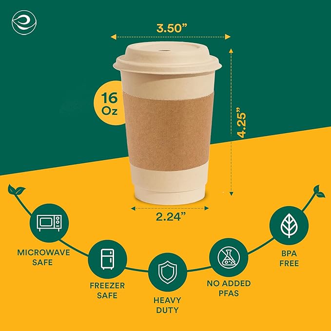 ECO SOUL 100% Compostable Coffee Cups With Lids & Sleeves - To Go Coffee Disposable Bagasse Cups |Sturdy & Eco-Friendly Cups for Cafes, Party, Office (50, 16 Oz)