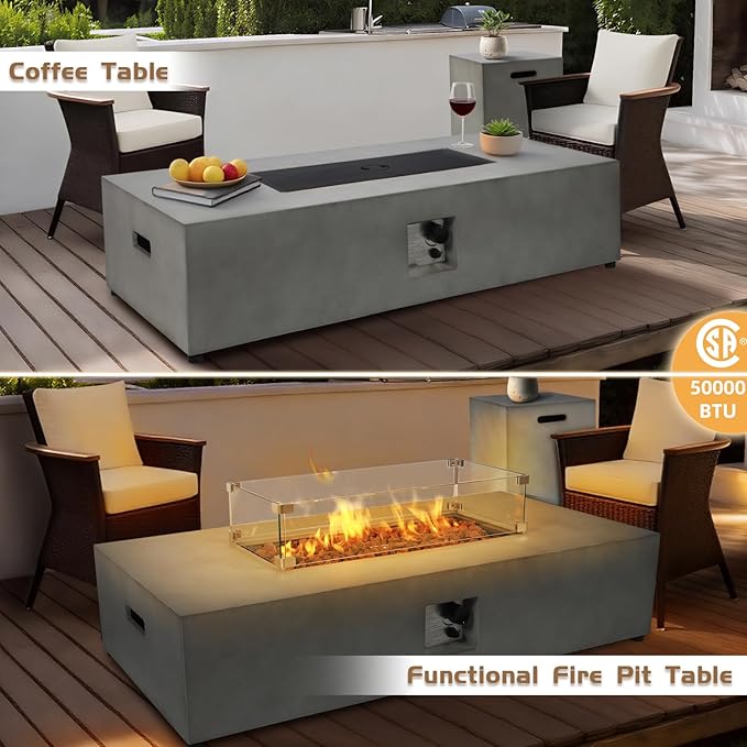 3-Piece 54" Outdoor Propane Fire Pit Table Set W 16" Tank Cover, 50,000 BTU Rectangle Concrete Fire Pit Coffee Table, Glass Wind Guard, Waterproof Cover for Patio, Backyard, Garden, Porch, Deck