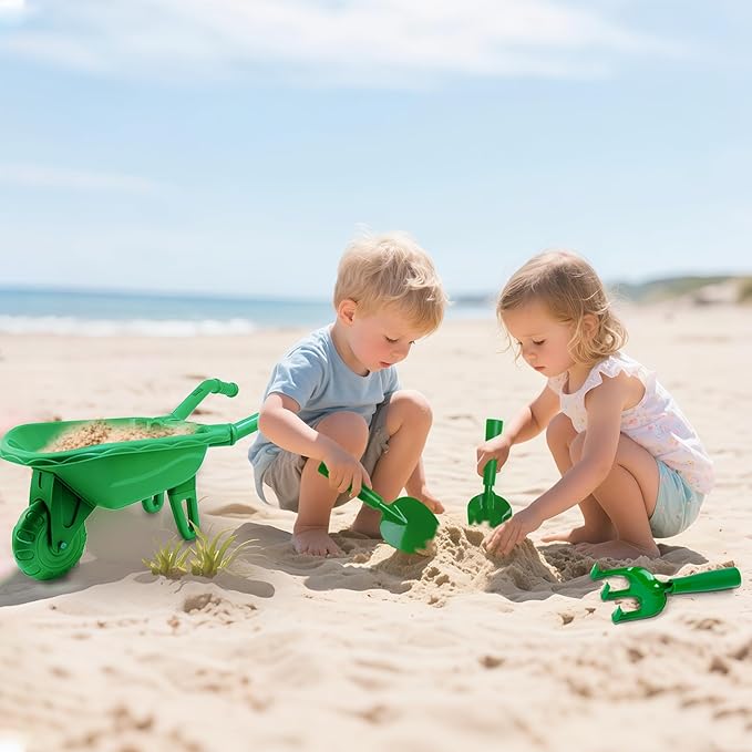 Duckura Kids Wheelbarrow Set - Gardening Tools for Kids with Shovel, Rake, Trowel, Outdoor Yard Lawn Digging Weed Toys, Valentine's Birthday Gifts for Boys Girls Age 2 3+Years Old(Green B)