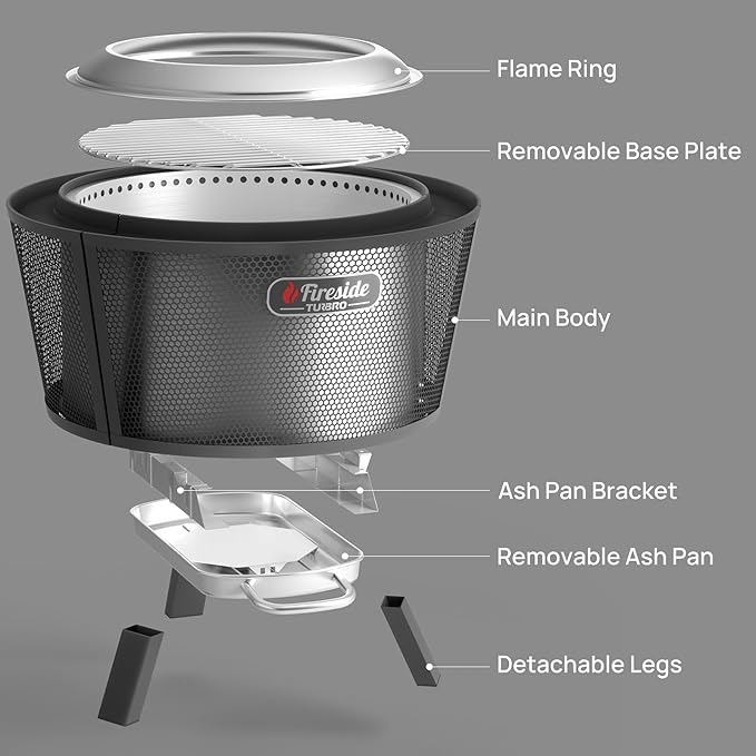 TURBRO 29 Inch Smokeless Fire Pit for Outdoor Wood Burning, Stainless Steel Camping Stove with Stand, Removable Ash Pan, Waterproof Storage Bag, Pluto R29, Black