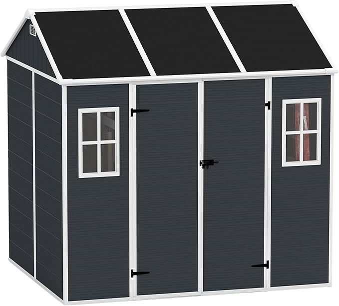 Resin Storage Shed 8x7ft, Large Tool Shed with Floor, Two-Window, Lockable Doors and Vents, 12mm Thick pp Board, Outdoor Storage Sheds for Patio, Garden, Backyard, Lawn (Dark Gray, 8 * 7ft)
