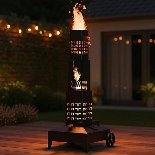51" Smudge Pot Heater with Wheels, 7-Gallon Waste Oil Patio Heater,Heavy-Duty Steel Pyramid Design,Portable Fireplace for Backyard, Porch, Patio and Garden(Statue)