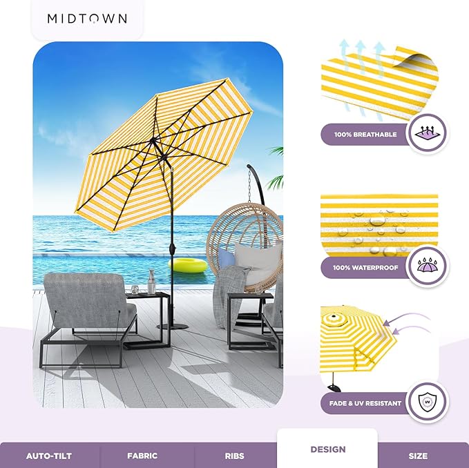 MIDTOWN UMBRELLAS The Lean 9 Feet Outdoor Umbrella With Terylast Sunny Stripes (White/Yellow Stripes) Polyester Fabric - Auto-Tilt Aluminum Frame Patio Umbrella For Deck, Garden, Pool - Black Pole