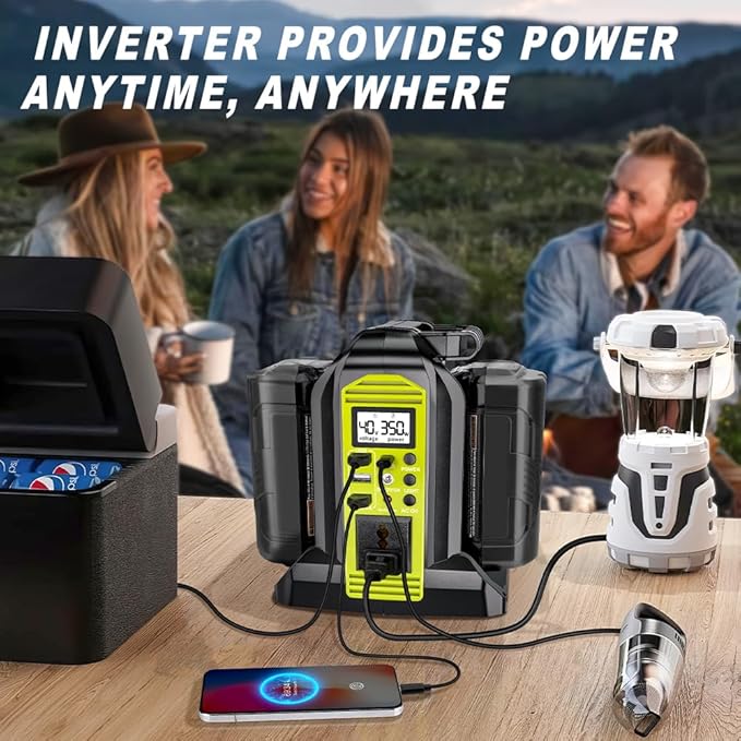 350W Pure Sine Wave Power Inverter Compatible with Ryobi 40V Lithium Battery, 2-Port DC to AC 110-120V Inverter with LED Light, USB-A & Type-C & DC Ports for Camping, Outdoor, Emergency (Tool Only)