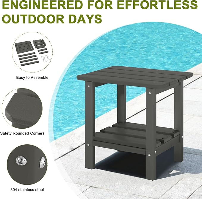 Adirondack Outdoor Side Table, 2-Tier Small Patio End Table, Weather Resistant HDPE Outdoor End Tables for Garden, Lawn, Pool, Beach, Porch, Deck, Backyard - Square, Dark Gray