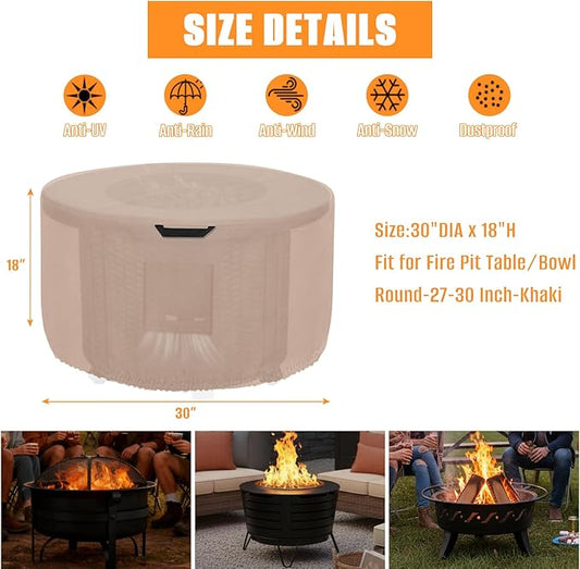 Kovshuiwe Round Fire Pit Cover-600D Fabric Waterproof and Resistant Material, Fits Outdoor For 27-30 Inch Fire Pit /Table Cover, Patio Fire Bowl Cover-30"DIA x 18"H, Khaki