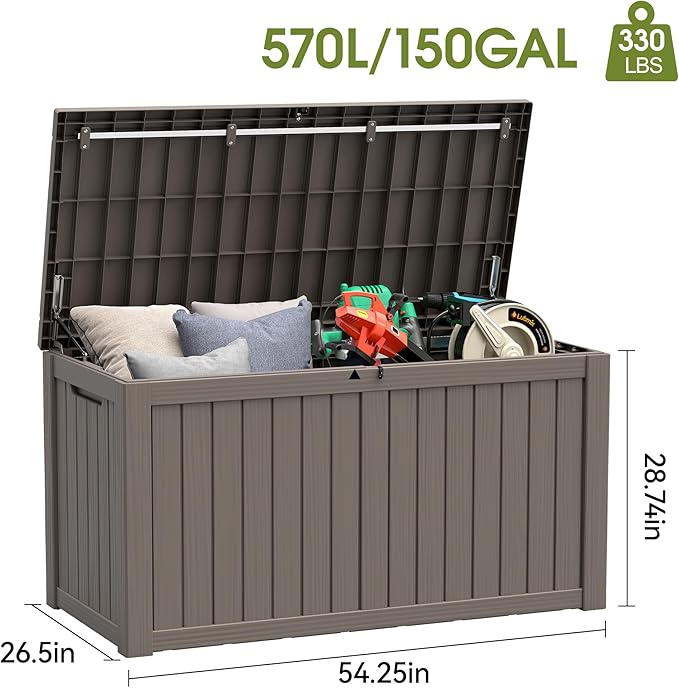 Outdoor Storage Box, Resin Deck Boxes Indoor and outdoor, Waterproof Storage Box Lockable Lid (Grey, 160 Gallon)