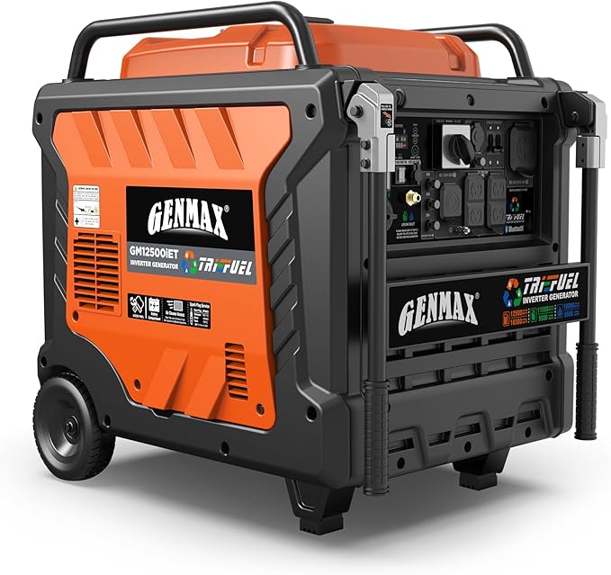 GENMAX 12500W Tri-Fuel Inverter Generator with Bluetooth & CO Shield (2026 Model) - Quiet, 50A Outlet, 2-Wire Auto Start, Ideal for Home Backup, RV, Camping - EPA Compliant (GM12500iET)