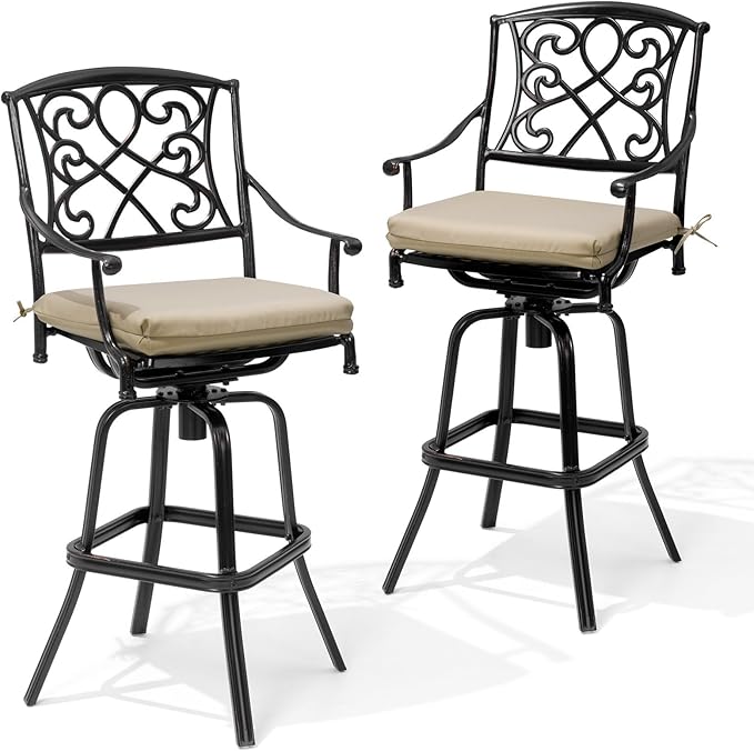 Crestlive Products Outdoor Bar Stools with Sunbrella Cushion Set of 2, 360° Swivel Patio Bar Height Chairs, All Weather Heavy Duty Commercial Grade Furniture, Antique Brown Finish for Outside (Tan)