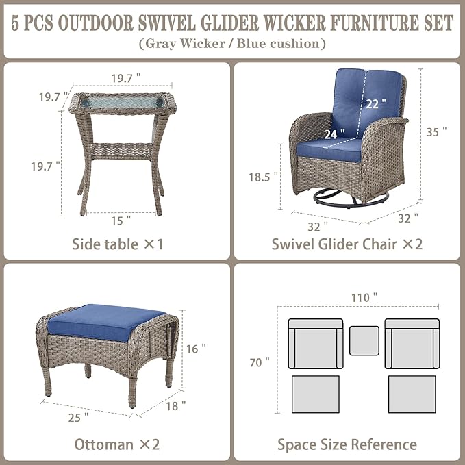 5 Piece Swivel Rocker Glider Outdoor Chairs Set of 2 with Ottoman and Glass Side Table Patio Bistro Furniture Set, Comfort High Back Wicker Patio Conversation Set for Deck Porch Sunroom