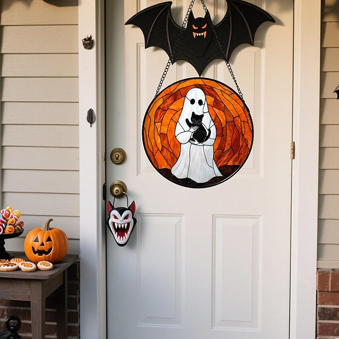 CRISGIF Stained Glass Window Hanging - Halloween Cute White Ghost Black Cat Suncatcher for Doors Garden Home Spooky Orange Sun Catchers Gothic Decor Horror Gift for Women Men Friend Boy Girl 15 in