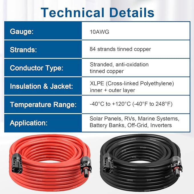 XRDS -RF 10AWG Solar Extension Cable 30FT – 2 Pack Red & Black PV Wire with Solar Connectors, 84-Strand Tinned Copper, Dual XLPE Insulated, Outdoor UV-Resistant Cable for RV, Inverter, Battery
