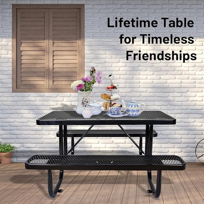 Rueekfil 72" Thermoplastic Picnic Table with Umbrella Hole up to 1.5", Heavy Duty Commercial Picnic Table for Outdoor, Family & Party Ready for School Camping, Rectangular, Blue