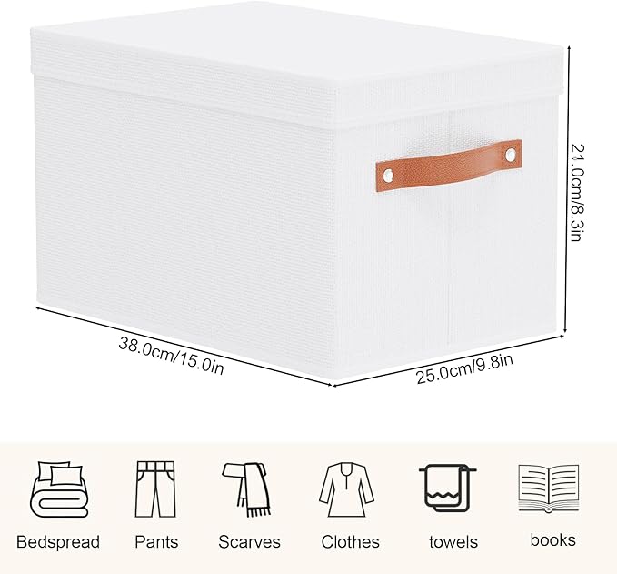Storage Boxes with Lids, 15 x 9.8 x 8.3 Inch Storage Baskets for Shelves, Decorative Closet Organizers with Handles, White, 5-Pack
