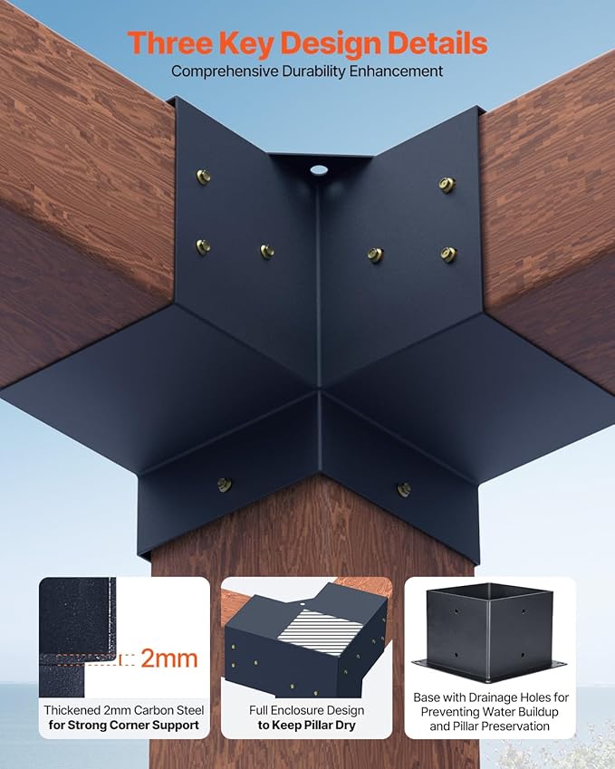 VEVOR Pergola Bracket Kit, 6x6 Inch (Inner Size 5.5x5.5), 4 Pcs 3-Way Heavy Duty Corner Bracket Woodworks DIY Post Base Kit, Easy Installation Wooden Beams for Gazebos, Patio Pergolas, Log Cabin