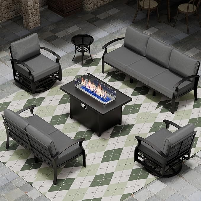 Aluminum Patio Furniture Set with Fire Pit Table, 7 Seats Patio Outdoor Conversation Set with Swivel Chair Modern Metal Patio Sectional Sofas with Upgrade Cushions for Patio, Backyard (Grey)
