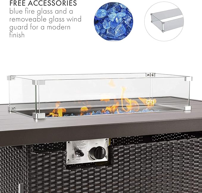 52 inch Outdoor Propane Fire Pit Table 50,000 BTU Patio Firepit Outdoor,Rectangle Fire Table with Lid, Aluminum Tabletop, Rattan Wicker, Auto-Ignition, Wind Guard (Brown)