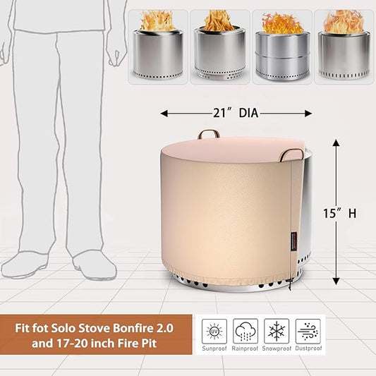 QH.HOME [2025 Upgraded 900D Fabric] Fire Pit Cover Round for Solo Stove Bonfire 2.0, Strong Tear Resistant,Waterproof Firepit Accessories for Gas/Table/Bowl Fire pits - 21" D X 15" H - Wheat