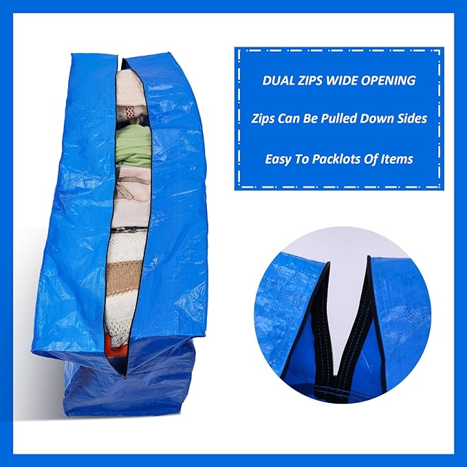 Windyun 4 Pack 121 Gallon Extra Large Storage Bags XXL Moving Bags with Zipper Handles Heavy Duty Jumbo Big Tote Box for Christmas Tree Storage 4, 5, 7.5, 9, 10, 12 ft Skeleton College Dorm(Blue)