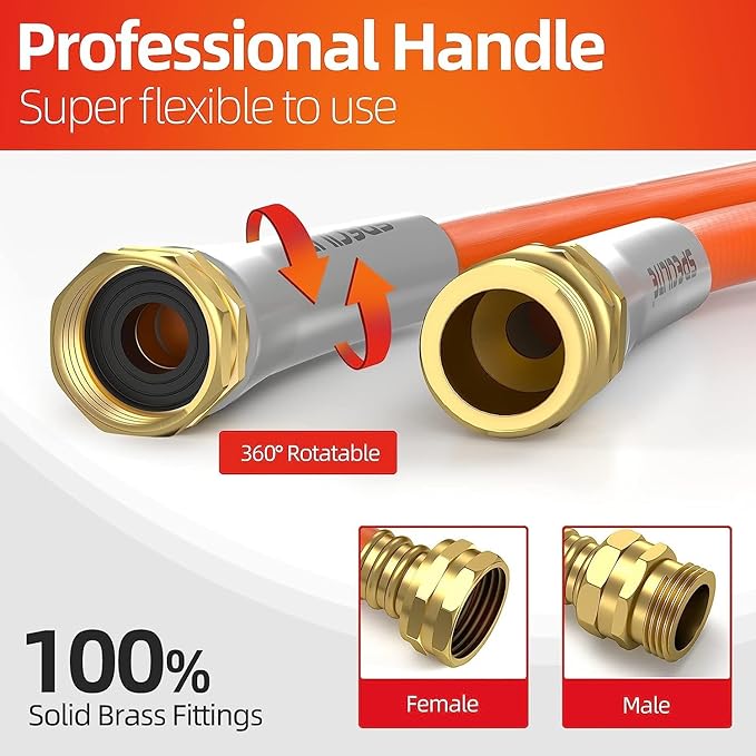 SPECILITE Garden Water Hose 5 ft x 5/8 in, Heavy Duty Leader Pipe Extension, Flexible, Lightweight Kink-less,Hybrid Rubber, with 3/4" Brass Fittings, Orange
