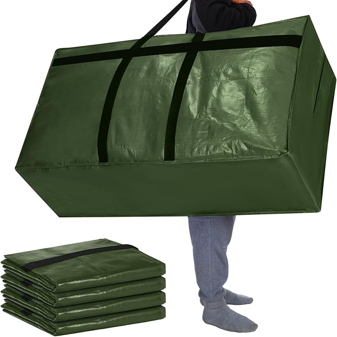Windyun 4 Pack 57 Gallon Extra Large Storage Bags XXL Moving Bags with Zipper Handles Heavy Duty Jumbo Big Tote Box for Christmas Tree Storage 4, 5, 7.5, 9, 10, 12 ft Skeleton College Dorm(Army Green)