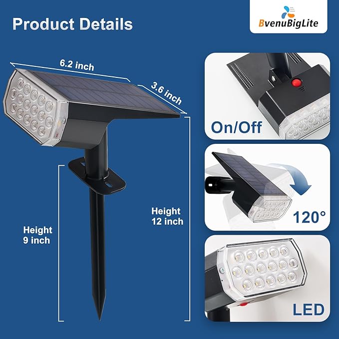 BvenuBigLite Waterproof Solar Lights Outdoor: IP65 Led Spot Light Decorations for Garden - 3 Lighting Modes Solar Powered for Yard - Dust to Dawn Uplighting Landscape Pathway Drive Patios 6PC Warm