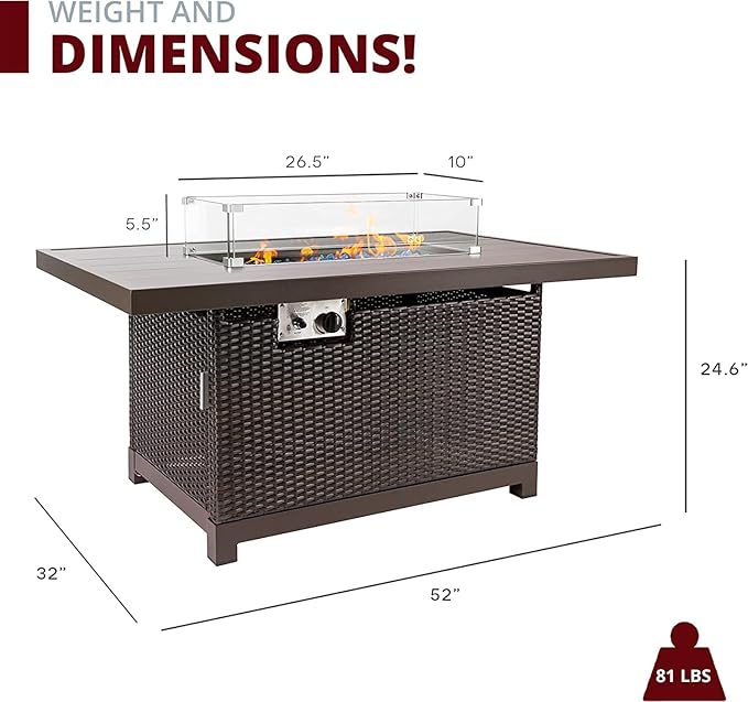 52 inch Outdoor Propane Fire Pit Table 50,000 BTU Patio Firepit Outdoor,Rectangle Fire Table with Lid, Aluminum Tabletop, Rattan Wicker, Auto-Ignition, Wind Guard (Brown)