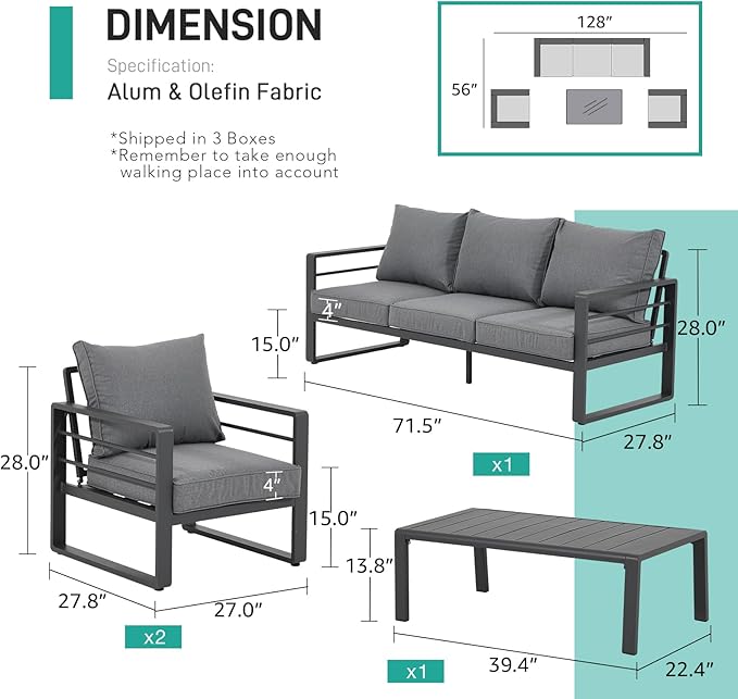 Patiorama Aluminum Patio Furniture Set, 4 PCS Modern Patio Conversation Set, All Weather Dark Grey Outdoor Sectional Sofa Set w/Table, 3-Seater Sofa, Superior Olefin Cushion, Garden-Grey Cushion