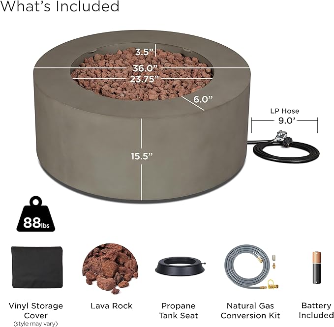 Real Flame Aegean 36" Round Propane or Natural Gas Fire Pit Table, 50,000 BTU, Powder-Coated Steel, Push-Button Ignition, CSA Certified, Lava Rock, Storage Cover, Stainless Steel Burner with Lid