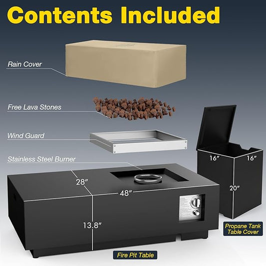 2-Piece 48" Outdoor Propane Fire Pit Table Set W 16" Tank Cover Side Table, 50,000 BTU Rectangle Fire Pit Coffee Table, Lava Rocks, Wind Guard, Rain Cover for Patio, Backyard, Garden, Deck