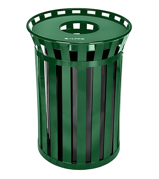 Alpine Commercial Outdoor Trash Can - 38 Gallon Heavy Duty Green Recycle Garbage Can with Liner, Open Top Lid, All Weather Resistant Large Outside Trash Can for Parks, Parking, School