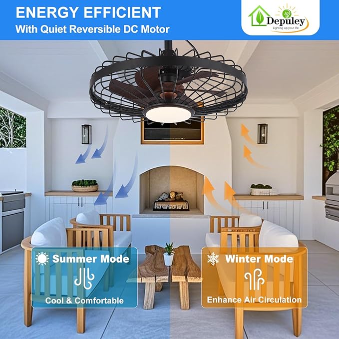 Depuley Gazebo Fans Outdoor Hanging: 20 Inch Black and Walnut Plug In Caged Outdoor Fan with Light and APP Remote Control - Waterproof Ceiling Fan for Patio Porch Pergola Reversible DC Motor