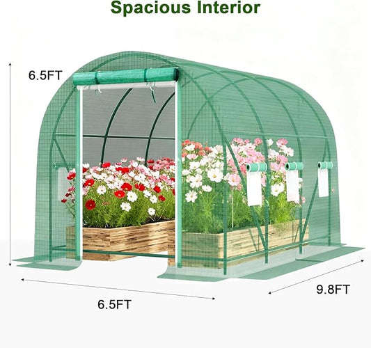 9.8x6.5x6.5 FT Greenhouse, Large Walk-in Green Houses for Outside, Tunnel Greenhouse with Thicken PE Cover with Mesh Door and 6 Ventilation Windows