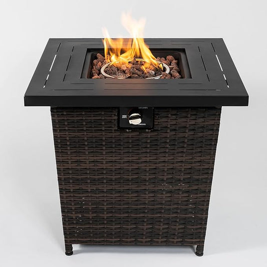 Outdoor Propane Fire Pit Table for Outside Patio, 28 Inch Wicker Fire Pit Table with Lid, Square Gas Fire Pit for Garden, Pool, Backyard, 40,000 BTU, Tank Inside, Black